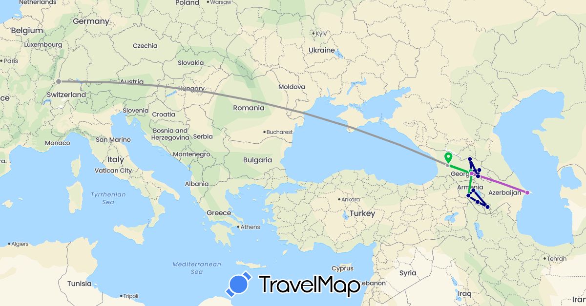 TravelMap itinerary: driving, bus, plane, train in Armenia, Azerbaijan, France, Georgia (Asia, Europe)