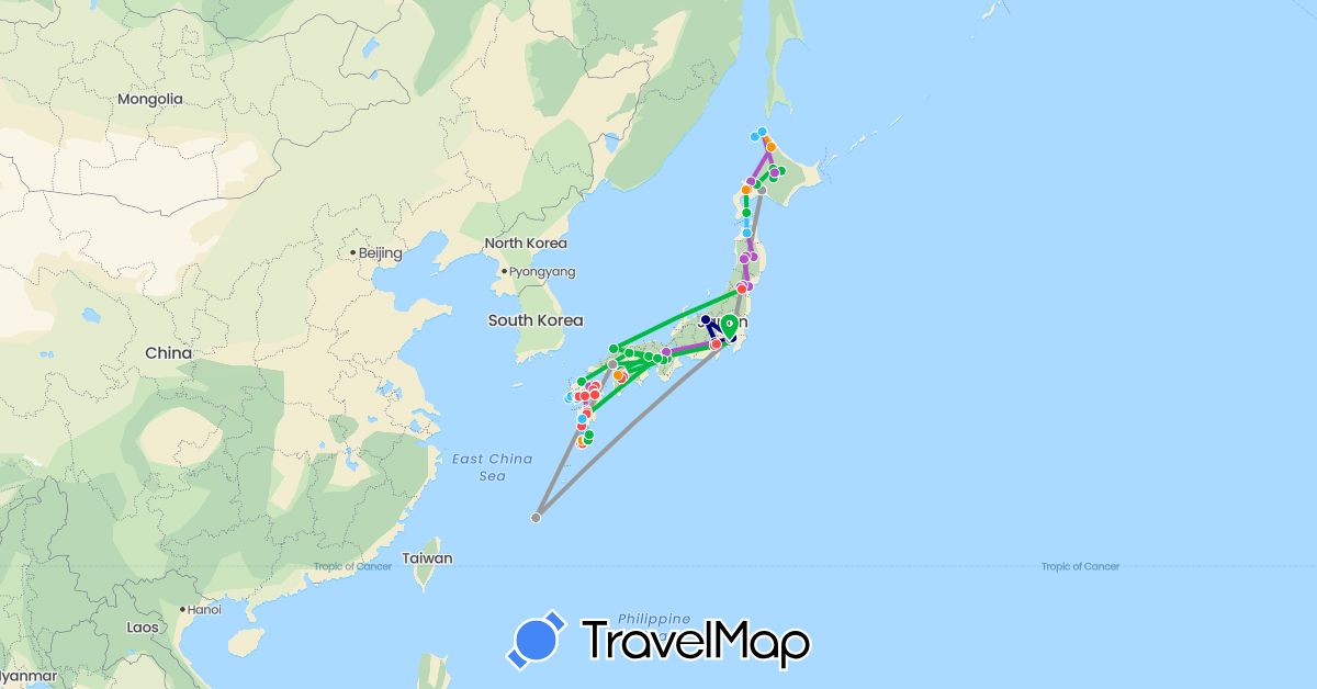 TravelMap itinerary: driving, bus, plane, train, hiking, boat, hitchhiking in Japan (Asia)