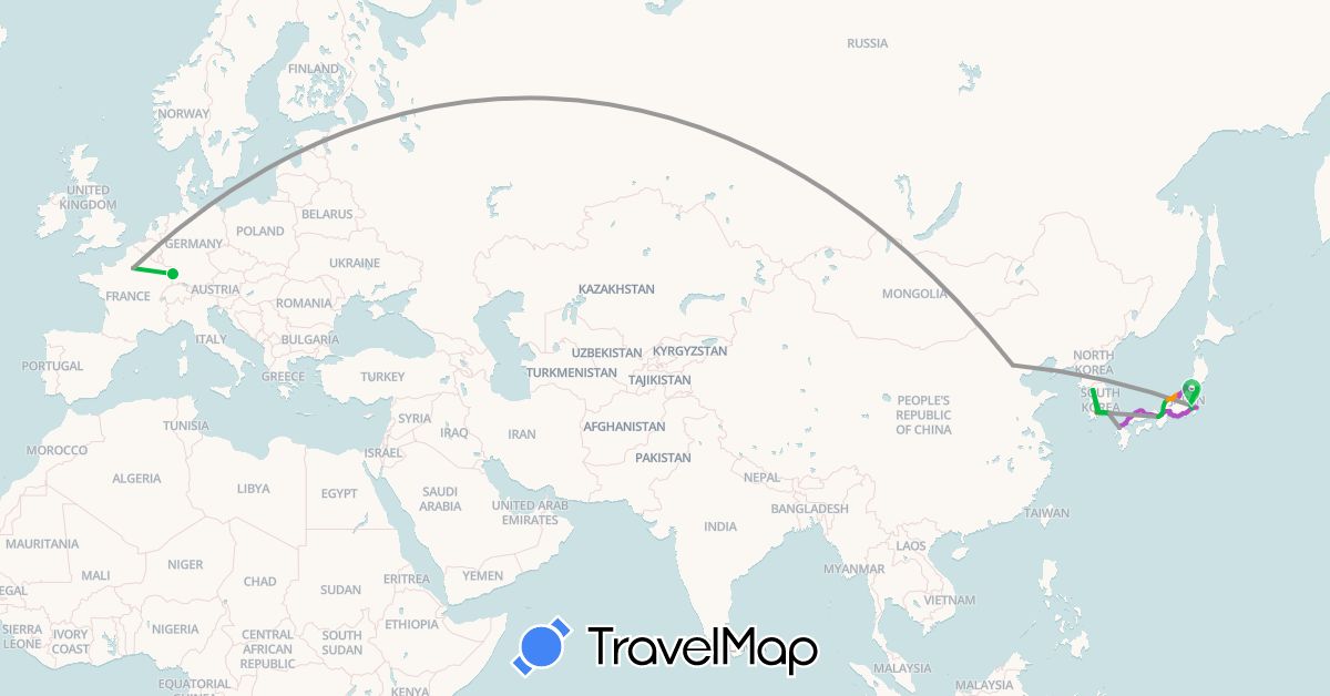 TravelMap itinerary: bus, plane, train, hiking, hitchhiking in China, France, Japan, South Korea (Asia, Europe)